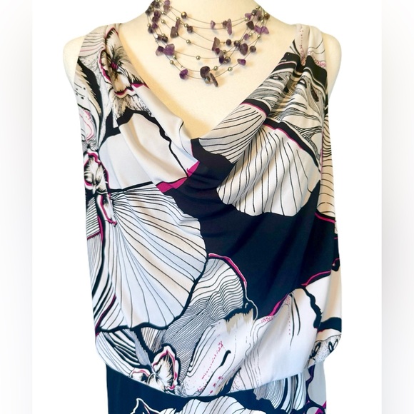 White House Black Market Black and White Demure Backless Dress w/Magenta Accents - Picture 3 of 12